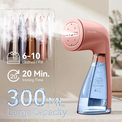 HiLIFE Steamer for Clothes, 1100W Clothes Steamer, Fast Wrinkle Removal with Large 300ml Tank, Ideal for All Fabrics, Easy to Use, Compact and Portable Travel Garment Steamer-Pink