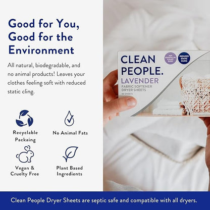 The Clean People Fabric Softener Sheets - Dryer Sheets - Softens & Removes Static - Vegan Laundry Softener With Essential Oils - Lavender, 120 Pack