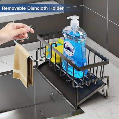Kitchen Sink Caddy, Sponge Holder for Kitchen, Soap Dish Holder for Countertop, with Dishcloth Hanger Drying Rack, Rustproof 304 Stainless Gadgets Sink Accessories (Black)