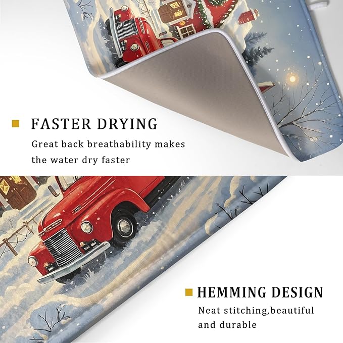 Christmas Dish Drying Mat for Kitchen Counter 18x24 Red Truck Winter Xmas Snow Scene Holiday Theme Absorbent Reversible Microfiber Drying Mats Kitchen Countertop Protector Dishes Drainer Pad