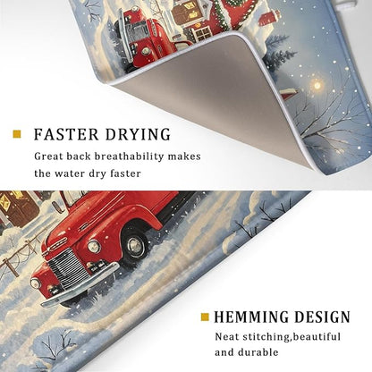 Christmas Dish Drying Mat for Kitchen Counter 18x24 Red Truck Winter Xmas Snow Scene Holiday Theme Absorbent Reversible Microfiber Drying Mats Kitchen Countertop Protector Dishes Drainer Pad