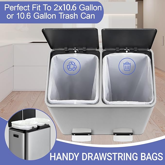 10.6 Gallon Drawstring Trash bags for Dual Compartment Can (2 x 10.6 Gallon) 200 Count 1.2 Mil Thickness Garbage Liner Pre-Separated Heavy Duty 35–40 Liter Compatible with Code M