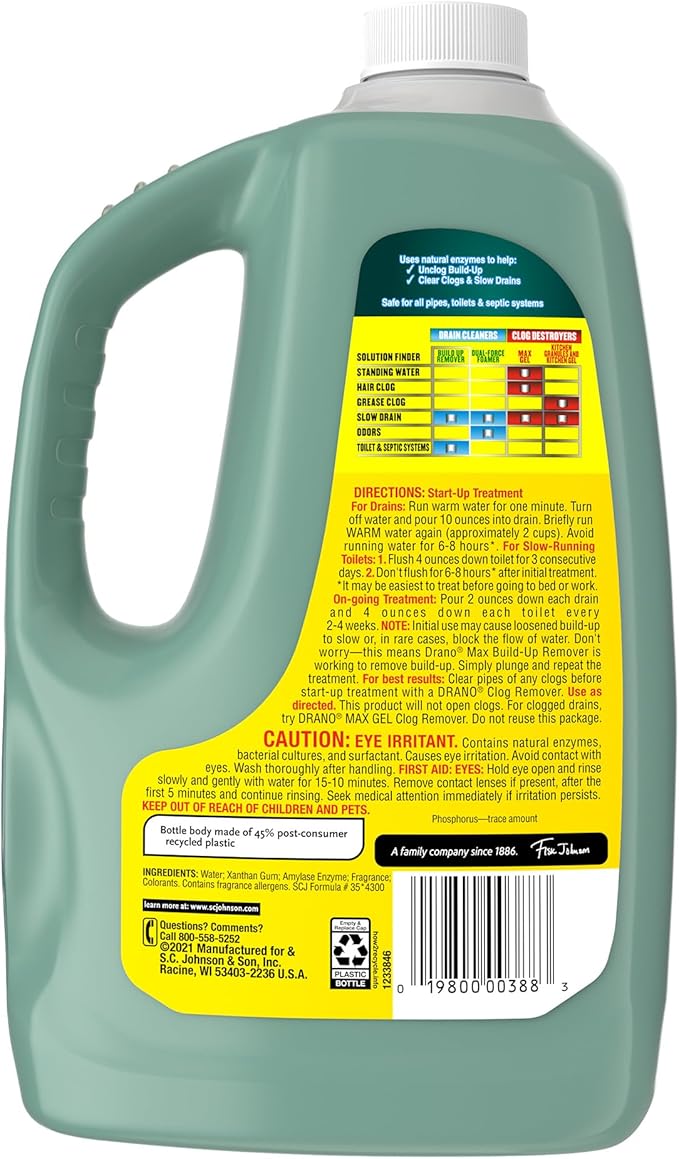 Drano Max Build Up Remover Drain Cleaner, Enzymes & Probiotics Prevents Clogs & Remove Odor-Causing Buildup, Safe for Septic, Toilets & Pipes in Bathroom Drains & Kitchen Sinks, Commercial Line, 60 oz