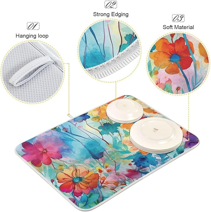 Colorful Beautiful Flowers Dish Drying Mat for Kitchen Counter Absorbent Microfiber Drying Pad, Medium 16x18 in, Reversible Drainer Mats