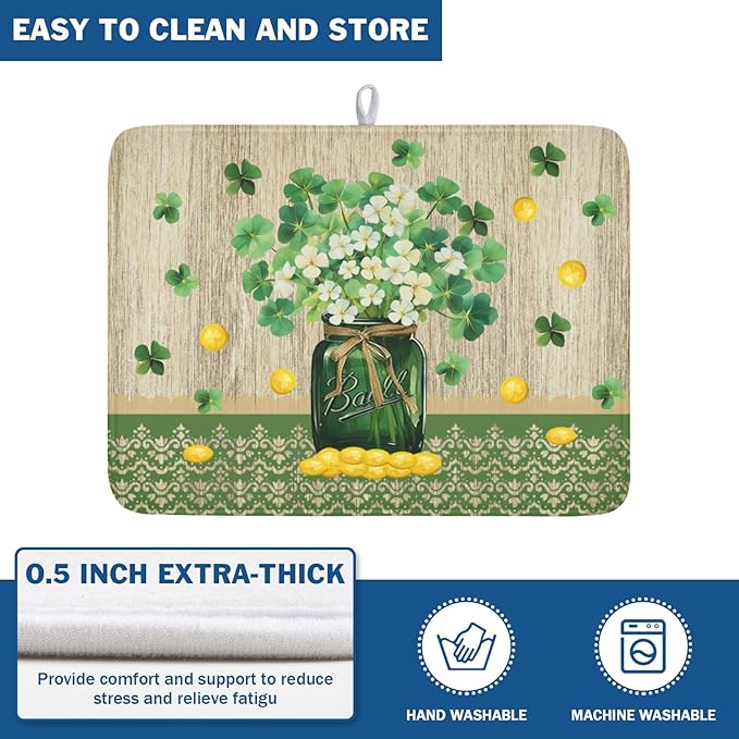 St Patricks Day Dish Drying Mat for Kitchen Counter Spring Holiday Green Lucky Shamrock Vase Drying Mat 18x24 Inch Absorbent Dish Drainer Mat Kitchen Accessories