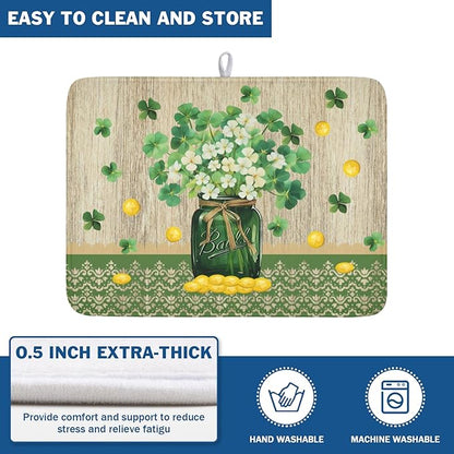 St Patricks Day Dish Drying Mat for Kitchen Counter Spring Holiday Green Lucky Shamrock Vase Drying Mat 18x24 Inch Absorbent Dish Drainer Mat Kitchen Accessories