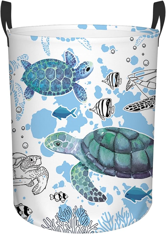 Sea Turtles Laundry Basket, Laundry Hamper Basket Ocean Theme Round Clothes Basket, 43L Collapsible Storage Organizer Bin with Handles for Toys, Gift for Chritsmas Thanksgiving 13.8x17.7in