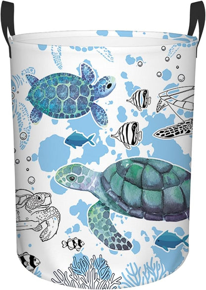 Sea Turtles Laundry Basket, Laundry Hamper Basket Ocean Theme Round Clothes Basket, 43L Collapsible Storage Organizer Bin with Handles for Toys, Gift for Chritsmas Thanksgiving 13.8x17.7in
