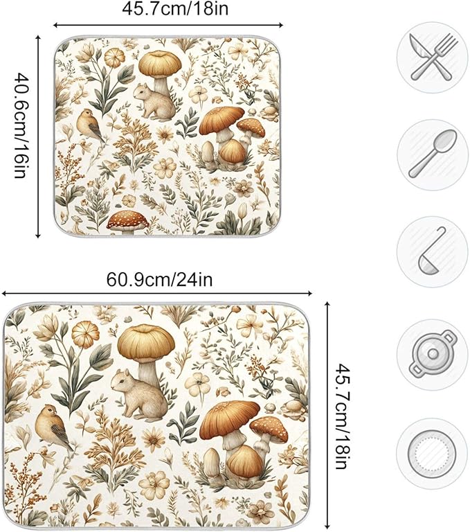 Watercolor Mushrooms Dish Drying Mat Absorbent Kitchen Pads for Counter Kitchen Dish Dryer 16 x 18 Mat under Dish Drainer