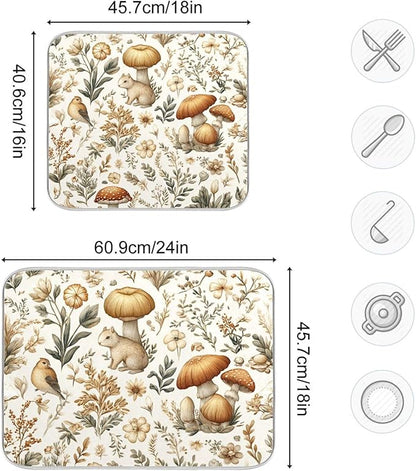Watercolor Mushrooms Dish Drying Mat Absorbent Kitchen Pads for Counter Kitchen Dish Dryer 16 x 18 Mat under Dish Drainer