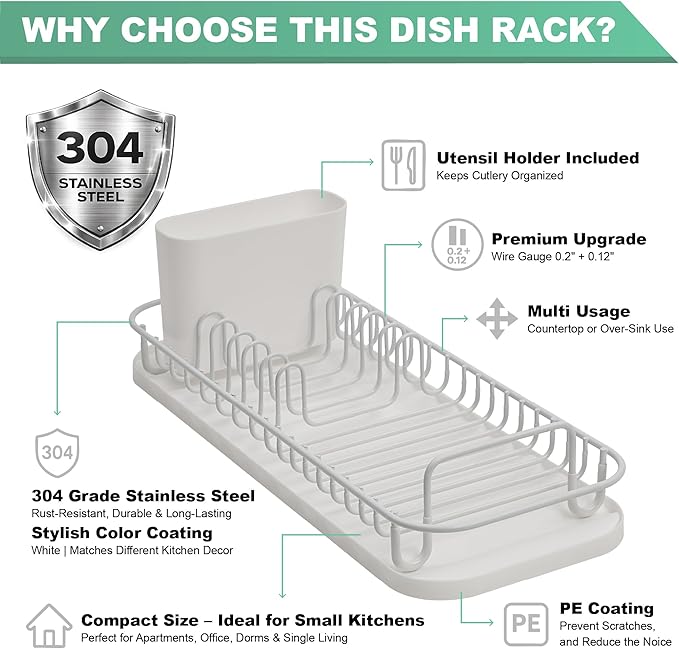 SunnyPoint 304 Stainless Steel NeverRust Compact Dish Drying Rack with Utensil Holder & Removable Drain Tray, Rustproof Small Dish Rack for Kitchen Countertop or Over Sink – White