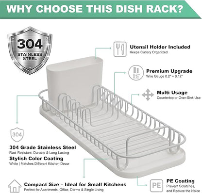 SunnyPoint 304 Stainless Steel NeverRust Compact Dish Drying Rack with Utensil Holder & Removable Drain Tray, Rustproof Small Dish Rack for Kitchen Countertop or Over Sink – White