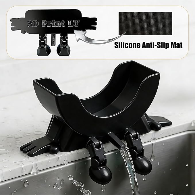 Cute Hanging Sponge Holder with Drainage,3D Printed Kitchen Funny Sponge Stand for Sink,with non-slip pads,Suitable for Scrub Daddy Holder,Keeps Your Sponge Dry Smiling (Black)