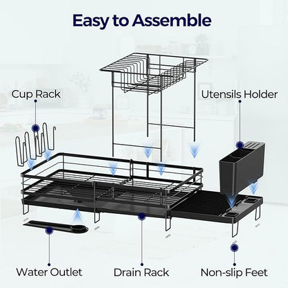2 Tier Large Dish Drying Rack, Expandable Dish Rack for Kitchen Counter, Dish Drainer with Drainboard Set, Multifunctional Dishrack with Utensil Holder & Cup Holder, 13.4"-28.7" L x 11.8" W