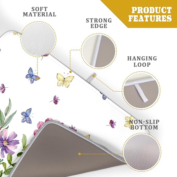 Wildflower Dish Drying Mat for Kitchen 24x18 Inch Colorful Floral Butterfly Drying Mat with Absorbent Reversible Microfiber Season Spring Dish Drainer Mats Rack Pad for Coffee Countertop Protector