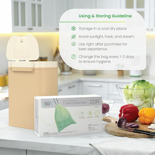 Home Zone Living 8 Gallon Compost Kitchen Trash Bags with Drawstring Handles, BPI-Certified Eco Friendly, Heavy Duty Custom Fit for 30 Liter Recycling Trash Can Liner, Code 30R, 60 Count, Green