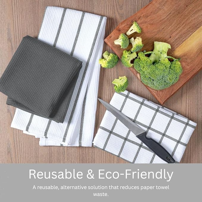 Assorted Waffle Kitchen Towels 100% Cotton Set of 6 - Heavy Duty 320 GSM Quality Dish Cloths Towel - Soft Absorbent Washable for Kitchen Use - Quick Drying Dish Towel 16x26 inch Grey