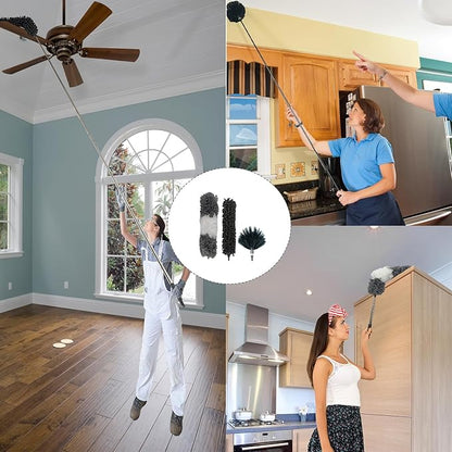 4 Pcs Microfiber Cobweb Duster with 100" Extension Pole,Bendable Ceiling Fan Duster Kit with 3 Duster Heads,Washable Reusable Spider Web Brush for High Ceiling and Walls Furniture Home