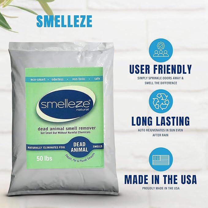 SMELLEZE Dead Animal Odor Eliminator - Strong Odor Removal - Natural & Safe Indoor & Outdoor Use - Granules, 50 lbs.