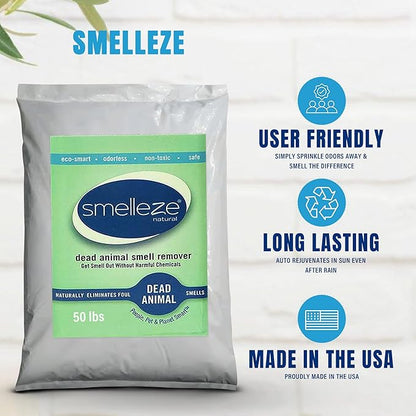 SMELLEZE Dead Animal Odor Eliminator - Strong Odor Removal - Natural & Safe Indoor & Outdoor Use - Granules, 50 lbs.