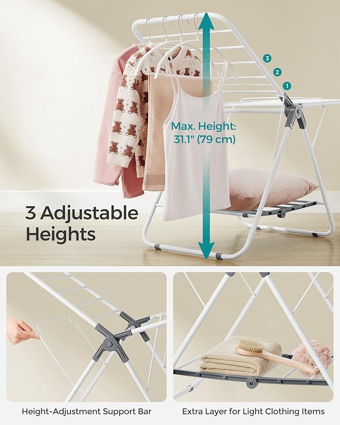 SONGMICS Small Clothes Drying Rack, Foldable 2-Level Laundry Drying Rack, Space-Saving, for Small Clothes, Towels, Bathroom, Balcony, 17.3 x 39.8 x 19.7 Inches, Cloud White ULLR504W01