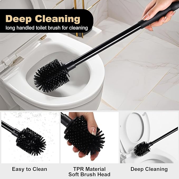 Silicone Toilet Bowl Brush and Holder 2 Pack Long Handle Toilet Brush for Bathroom Flexible Silicone Toilet Brush Set for Domestic Deep Cleaning Under Rims （Black）