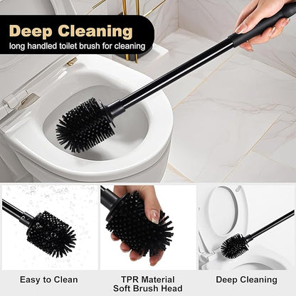 Silicone Toilet Bowl Brush and Holder 2 Pack Long Handle Toilet Brush for Bathroom Flexible Silicone Toilet Brush Set for Domestic Deep Cleaning Under Rims （Black）