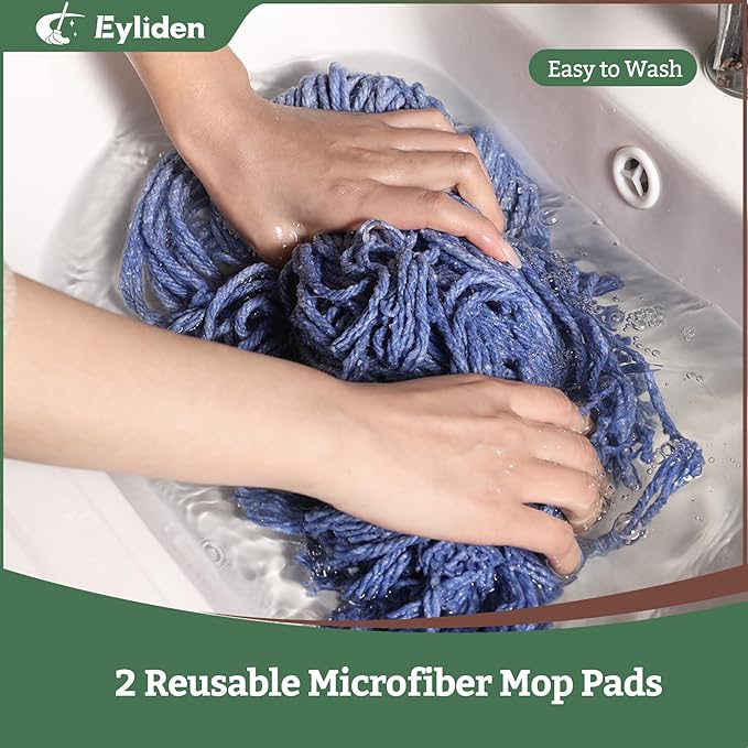 Eyliden Heavy Duty Floor Mop with Non-Touch Replacement | 2 Reusable Cotton Heads + 4 Scouring Pads | Wet & Dry Mops for Home & Commercial, Kitchen, Garage & Office Floor Cleaning, Blue