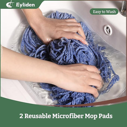 Eyliden Heavy Duty Floor Mop with Non-Touch Replacement | 2 Reusable Cotton Heads + 4 Scouring Pads | Wet & Dry Mops for Home & Commercial, Kitchen, Garage & Office Floor Cleaning, Blue