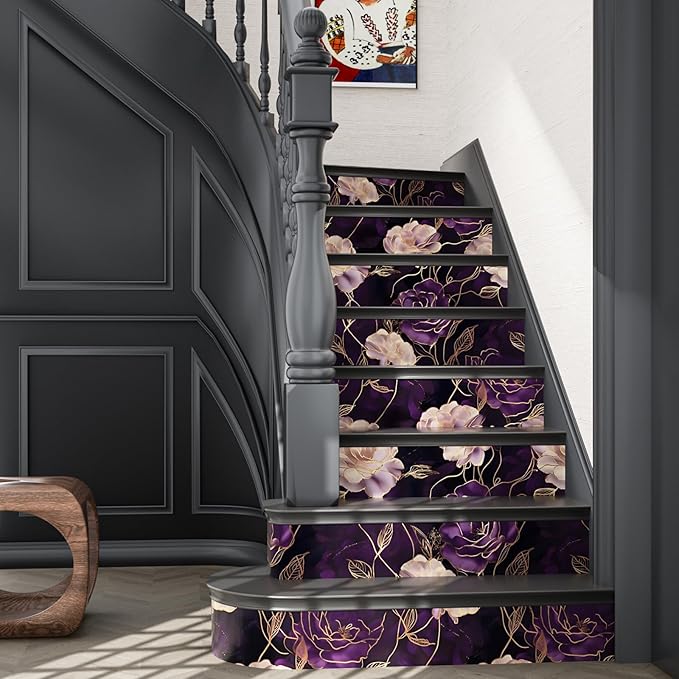 Dark Floral Wallpaper Peel and Stick Purple/Gold Rose Flower Contact Paper 17.4" x 393" Wall Paper Waterproof Self-Adhesive Wall Covering for Bedroom Countertop Desk Cabinets Decor Renter Friendly