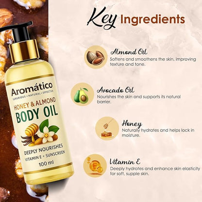 Aromatico Honey & Almond Mini Body Oil for Women. Dry Skin-Deep Hydration Formula for Glowing Skin in the Winters. Non-Sticky Texture, for Daily Use after Bath. Cozy & Creamy Fragrance - 4 fl Oz