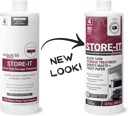 Unique Store-It RV Black Tank Cleaner Liquid - Cleans and Deodorizes Tanks While RV is in Short or Long Term Storage - 4 Uses Per Bottle (32 oz)