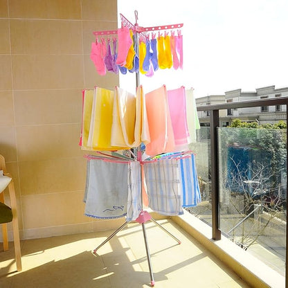 BAOYOUNI Folding Clothes Drying Rack 3-Tier Indoor Outdoor Space Saving Stand Hanger with 24 Clips and 32 Towels Bars for Baby Clothes, Cloth Diapers, Socks, Bras, Towels, Underwear (Pink)