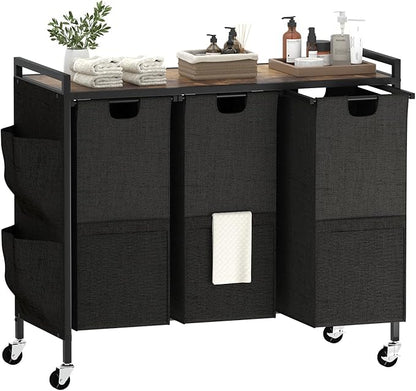Laundry Hamper, Laundry Basket, Laundry Sorter with Top Shelf & 3 Removable Washable Bags & Side Pockets for Laundry Room organization, Bathroom and Dorm, Rustic Brown and Black