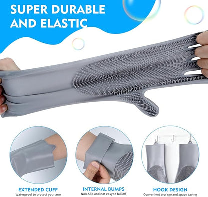 Reusable Cleaning Silicone Gloves with Scrubber Bristles for Dishwashing, Dog Pet Grooming & Car Wash (13.6" Large)