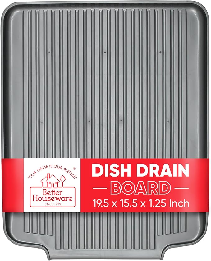 Better Houseware Dish Drainer Mat, Large Metallic Silver Dish Drain Board for Kitchen Countertop, Protects Surfaces & Speeds Drying, 19.5 x 15.5 x 1.25, Metallic Silver