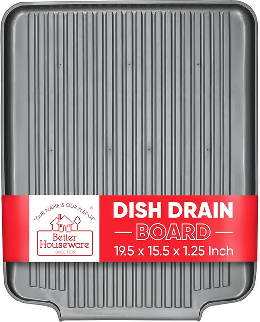 Better Houseware Dish Drainer Mat, Large Metallic Silver Dish Drain Board for Kitchen Countertop, Protects Surfaces & Speeds Drying, 19.5 x 15.5 x 1.25, Metallic Silver