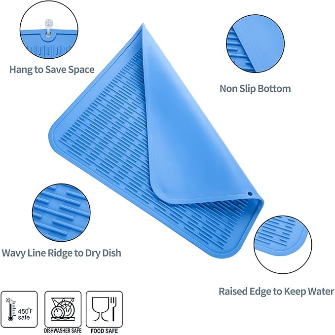 MicoYang Silicone Dish Drying Mat for Multiple Usage,Easy clean,Eco-friendly,Heat-resistant Silicone Mat for Kitchen Counter or Sink,Refrigerator or Drawer Liner Lichen BlueL XL 18 inches x 16 inches