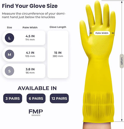 FMP Brands 3/6/12/60 Pairs 15 Inch Extra Long Rubber Dishwashing Gloves - Non-Slip for Cleaning, Kitchen, Bathroom, Gardening