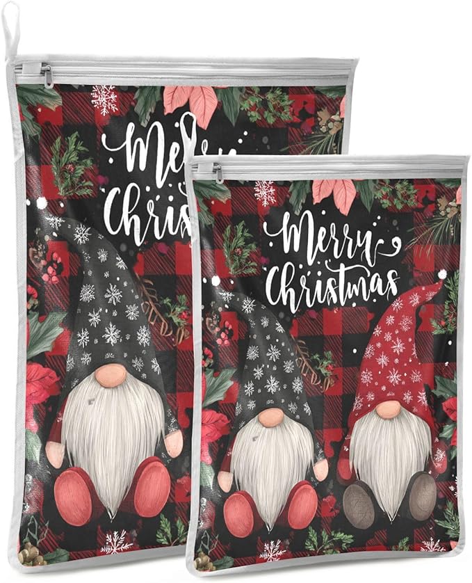 Mesh Laundry Bags Lingerie Bags for Washing Delicates 2 PCS Durable Wash Bag with Zipper Small and Medium Washable Red Black Checkered Christmas Gnomes Holly