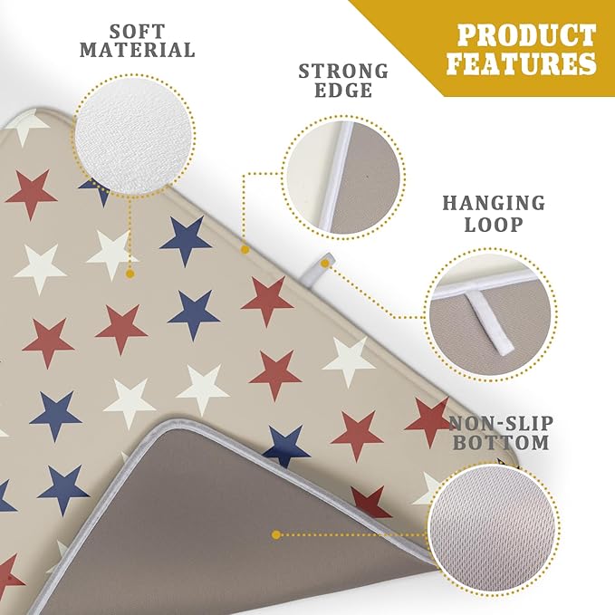 Patriotic July of 4th Blue Red White Star Dish Drying Mat for Kitchen Counter 18x24 Independence Day Absorbent Reversible Microfiber Drying Mats Kitchen Countertop Protector Dishes Drainer Rack Pad