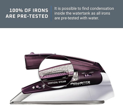 Rowenta Travel Iron, Pro Compact Stainless Steel Soleplate Hand Held Steamer Iron for Clothes, 200 Microsteam Holes, 1000 Watts Ironing, Fabric Steamer, Dual Voltage, Mini Iron, Purple, DA1560