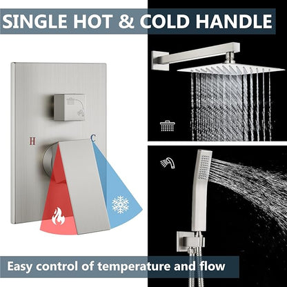 Aolemi Shower Faucet Set Rain Shower System with Handheld Spray Bathroom Shower Combo Rough-in Valve and Shower Trim Kit Included Brushed Nickel 10 Inch Wall Mount Shower Head