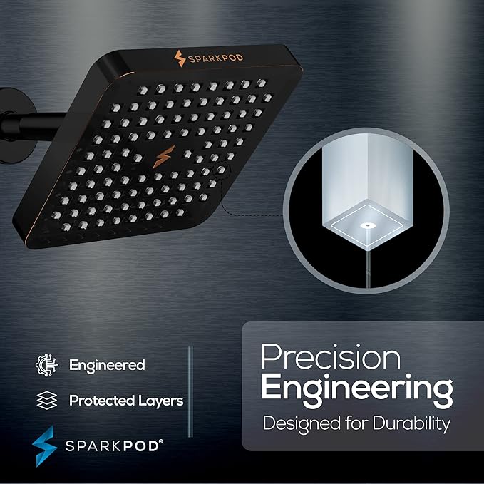 SparkPod Shower Head - High Pressure Rain - Premium Quality Luxury Design - Easy Clean Adjustable Replacement for Your Bathroom Shower Heads (Vintage Oil Rubbed Bronze, 6 Inch Square)