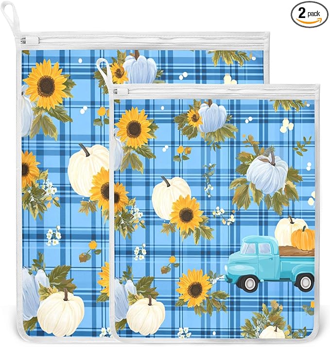Mesh Laundry Bags Lingerie Bags for Washing Delicates 2 PCS Durable Wash Bag with Zipper Small and Medium Washable Blue Plaid Sunflower Pumpkin