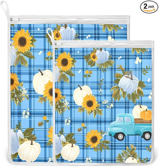 Mesh Laundry Bags Lingerie Bags for Washing Delicates 2 PCS Durable Wash Bag with Zipper Small and Medium Washable Blue Plaid Sunflower Pumpkin
