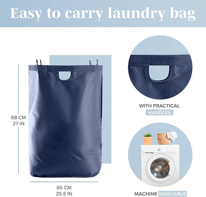 LONBET Laundry Basket with Lid, Made from Breathable Fabric | Aesthetic Clothes Hampers for Laundry with Side Handles & Sturdy Bamboo Frame (26 Gallons - Single, Blue)