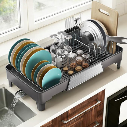 Large Expandable Dish Drying Rack, Dish Racks for Kitchen Counter, Space Saving & Rust Resistant Dish Drainer with Removable Drainboard & Utensil Holder, Adjustable Length 16.4 to 24.4 Inches