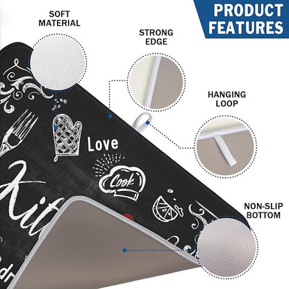 Kawani Black Coffee Bar Dish Drying Mats for Kitchen Counter 18x24 Inch, Kitchen Drying Mat, Kitchen Coffee Bar Dishes Pad Dish Drainer Rack Mats Absorbent Fast Dry Kitchen Accessories Square