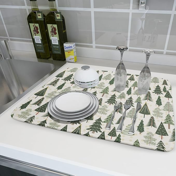 Christmas Dish Drying Mat for Kitchen Counter 18x24 Green Xmas Tree Block Print Winter Holiday Theme Absorbent Reversible Microfiber Drying Mats Kitchen Countertop Protector Dishes Drainer Pad